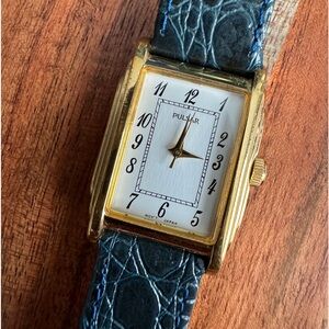 Pulsar tank Women Watch Stainless Silver Leather blue band Quarts